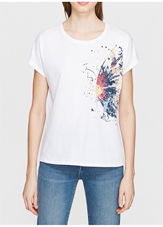 Mavi Kelebek Baskılı Penye Beyaz T-Shirt 3