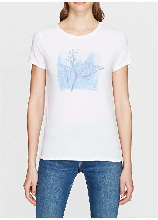 Mavi Ağaç Baskılı Penye Beyaz T-Shirt 3
