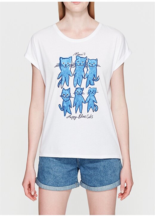 Mavi Kedi Baskılı Penye Beyaz T-Shirt 3