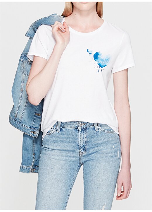 Mavi Kalp Baskılı Penye Beyaz T-Shirt 1
