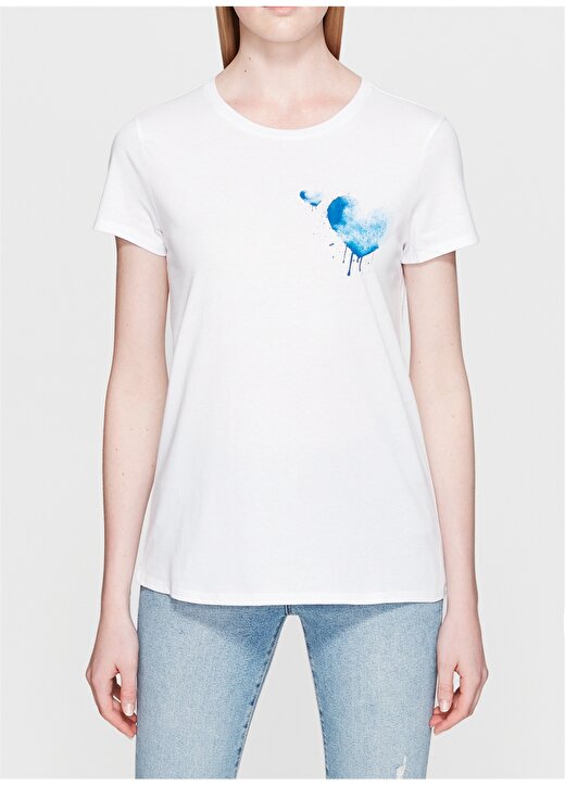 Mavi Kalp Baskılı Penye Beyaz T-Shirt 3