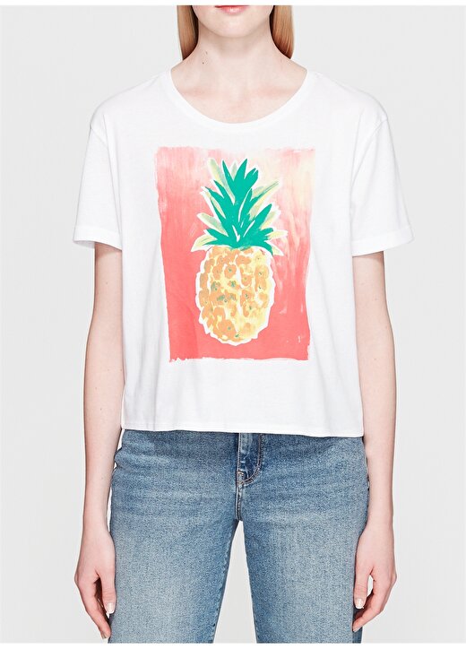 Mavi Ananas Baskılı Penye Beyaz T-Shirt 3