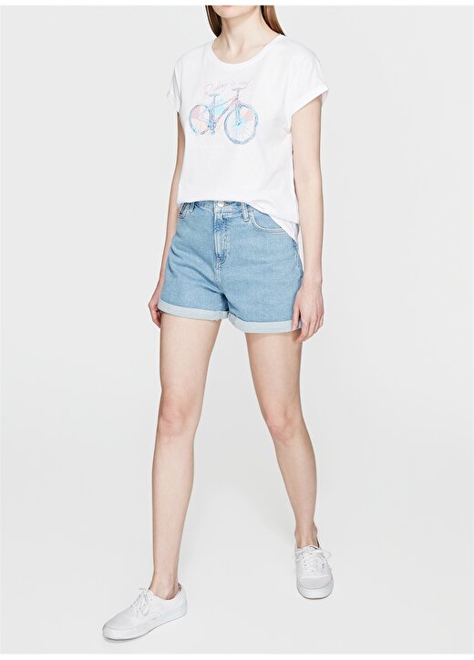 Mavi Bisiklet Baskılı Beyaz T-Shirt 2