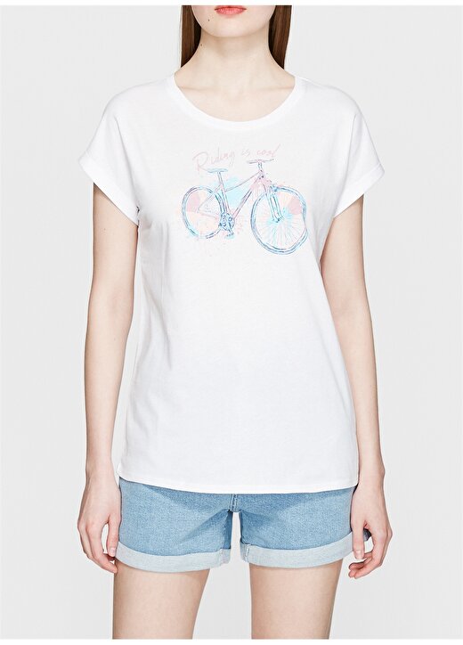 Mavi Bisiklet Baskılı Beyaz T-Shirt 3