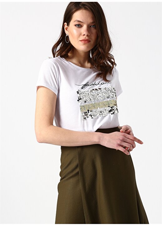 Koton Payet Detaylı Ekru Kadın T-Shirt 1