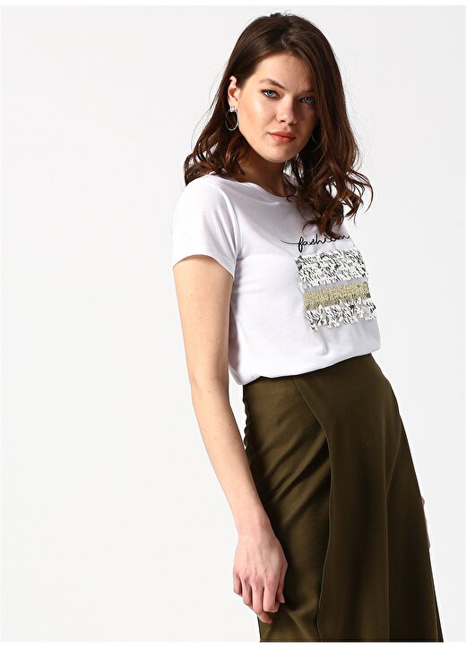Koton Payet Detaylı Ekru Kadın T-Shirt 4