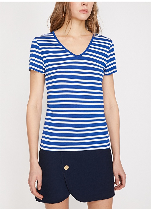 Koton V Yaka Çizgili Mavi Kadın T-Shirt 3