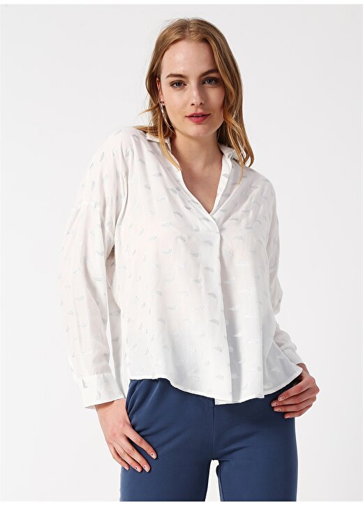 House Of Camellia Gömlek Yaka Simli Uzun Kollu Beyaz Kadın Bluz 3