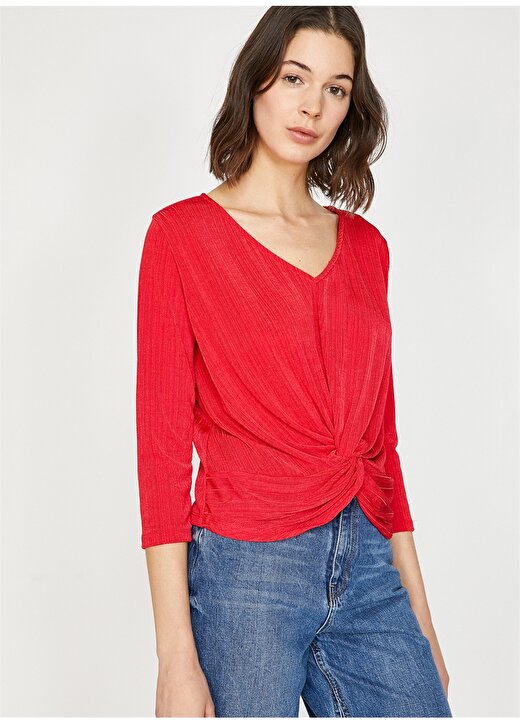 Koton V Yaka Detaylı Kırmızı Kadın T-Shirt 2