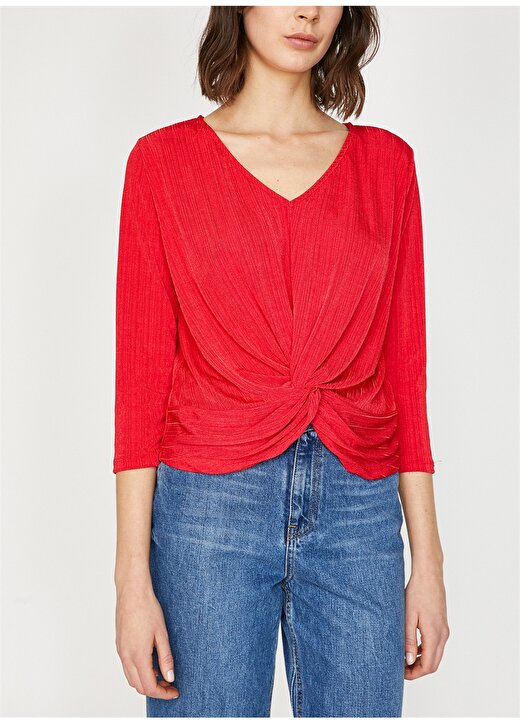 Koton V Yaka Detaylı Kırmızı Kadın T-Shirt 3