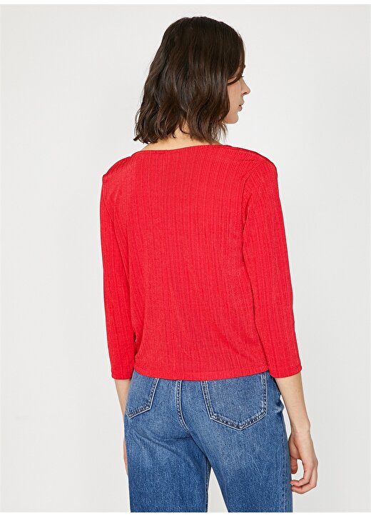Koton V Yaka Detaylı Kırmızı Kadın T-Shirt 4