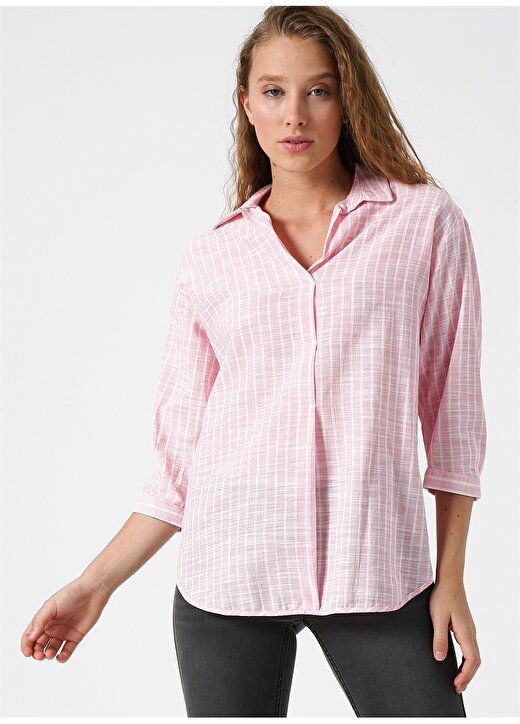 Koton Gömlek Yaka Uzun Kollu Çizgili Pembe Kadın Bluz 1
