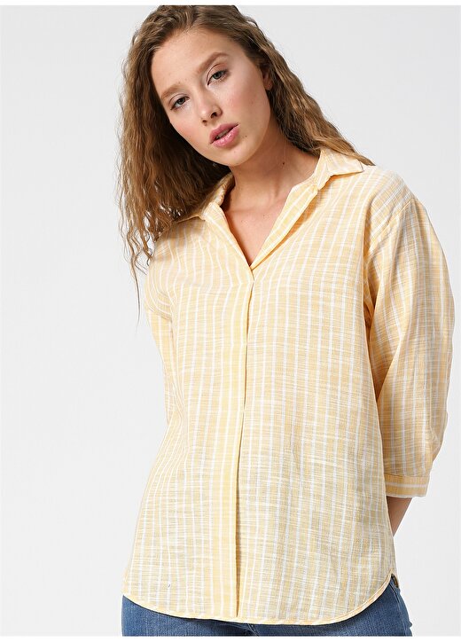 Koton Gömlek Yaka Truvakar Kollu Çizgili Sarı Kadın Bluz 2