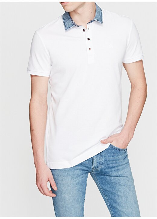 Mavi Dar Düz Beyaz Erkek Polo T-Shirt 1