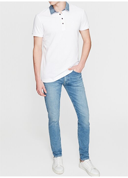 Mavi Dar Düz Beyaz Erkek Polo T-Shirt 2