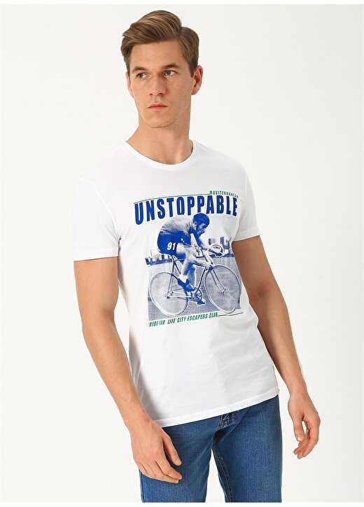 Mavi Baskılı O Yaka Beyaz T-Shirt 2