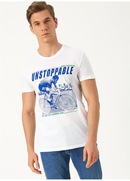 Mavi Baskılı O Yaka Beyaz T-Shirt 3