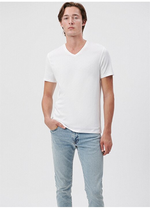 Mavi V Yaka Düz Beyaz Erkek T-Shirt 065586-620 V YAKA TİŞÖRT Beyaz 2