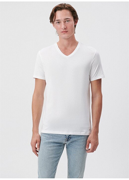 Mavi V Yaka Düz Beyaz Erkek T-Shirt 065586-620 V YAKA TİŞÖRT Beyaz 3