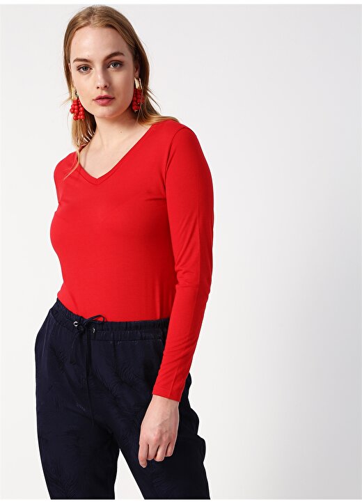 Koton 9YAK13041GK V Yaka Uzun Kol Düz Kırmızı Kadın T-Shirt 1