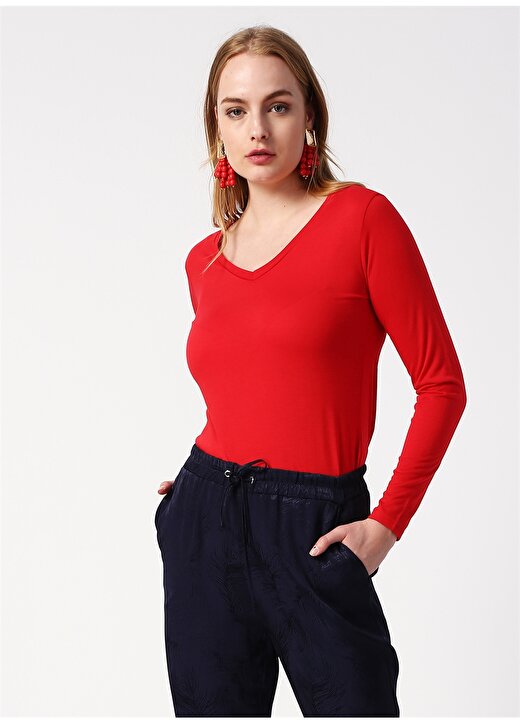 Koton 9YAK13041GK V Yaka Uzun Kol Düz Kırmızı Kadın T-Shirt 3