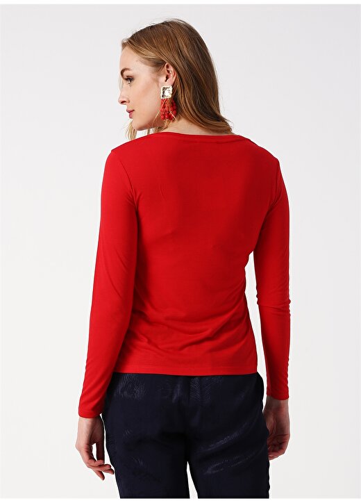Koton 9YAK13041GK V Yaka Uzun Kol Düz Kırmızı Kadın T-Shirt 4