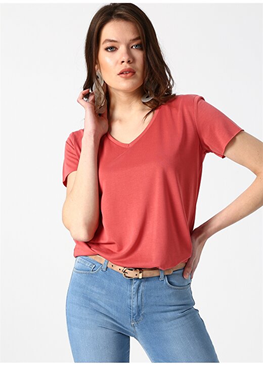 Koton V Yaka Kırmızı Kadın T-Shirt 2