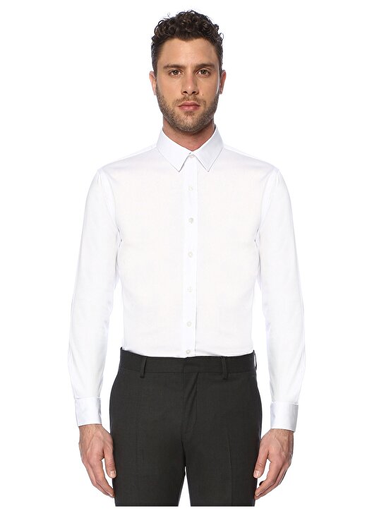 Network Gömlek Yaka Uzum Kollu Slim Fit Pamuk Lyosel Beyaz Erkek Takım Elbise 1