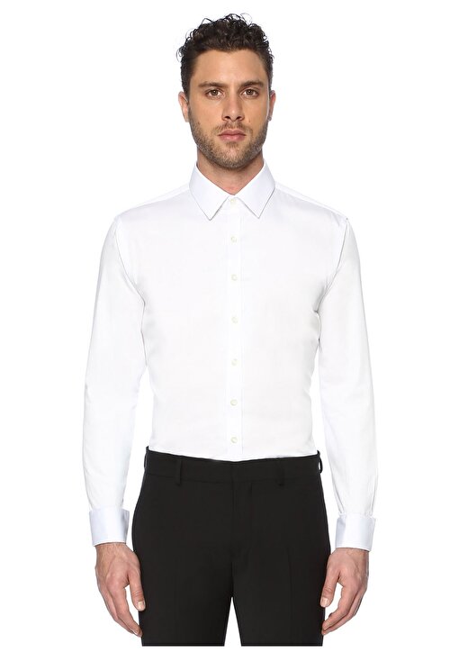 Network Gömlek Yaka Uzum Kollu Slim Fit Pamuk Lyosel Beyaz Erkek Takım Elbise 1