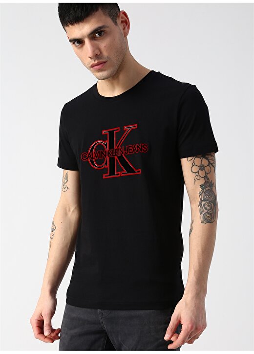 Calvin Klein Jeans Erkek Siyah T-Shirt CK MONOGRAM FRONT LOGO SLIM SS-CK B 3