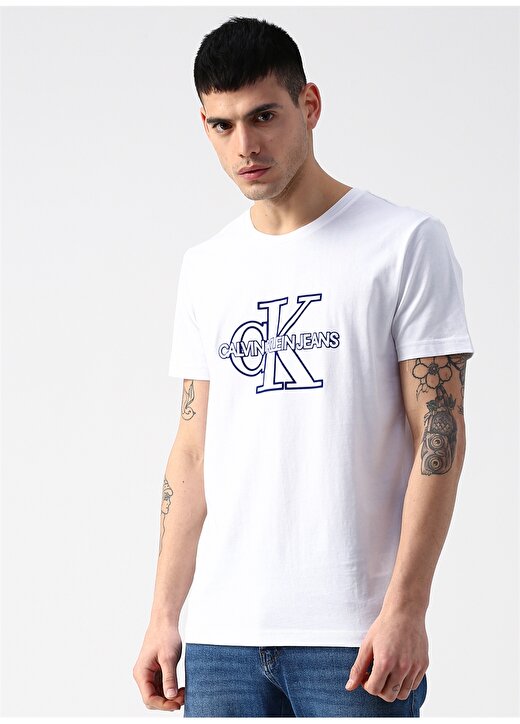 Calvin Klein Jeans Erkek Beyaz T-Shirt CK MONOGRAM FRONT LOGO SLIM SS-Brig 3