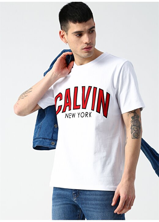 Calvin Klein Jeans Erkek Beyaz T-Shirt CALVIN CURVED VARSITY REG SS-Bright 1