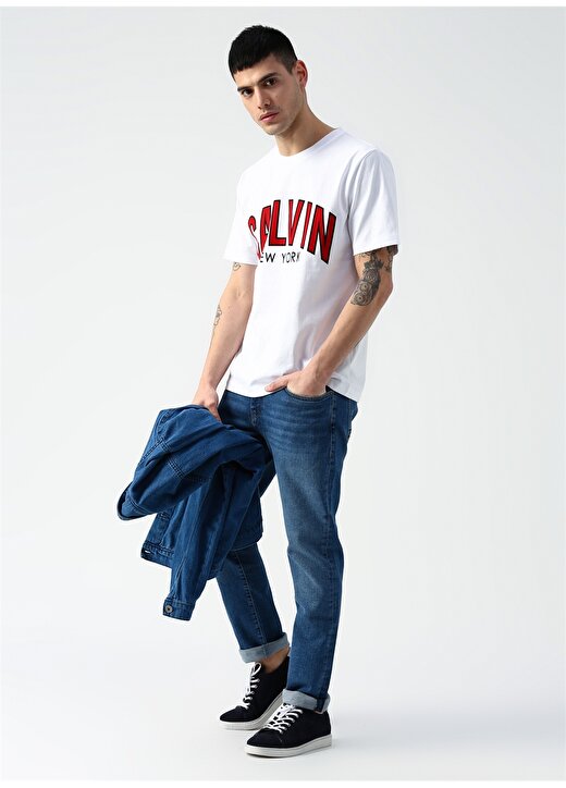 Calvin Klein Jeans Erkek Beyaz T-Shirt CALVIN CURVED VARSITY REG SS-Bright 2