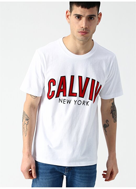 Calvin Klein Jeans Erkek Beyaz T-Shirt CALVIN CURVED VARSITY REG SS-Bright 3
