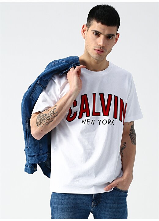 Calvin Klein Jeans Erkek Beyaz T-Shirt CALVIN CURVED VARSITY REG SS-Bright 4
