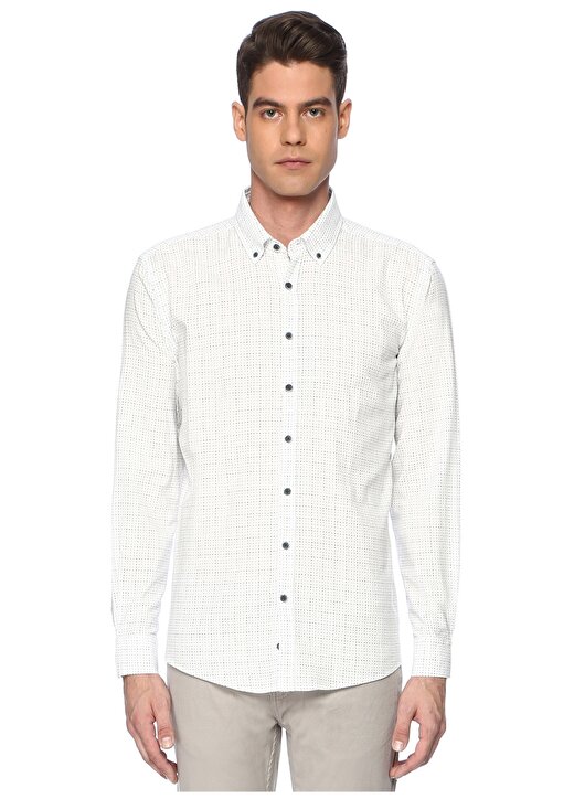 George Hogg Uzun Kol Gömlek Yaka Düğmeli Kare Desenli Slim Fit Beyaz Erkek Gömlek 1