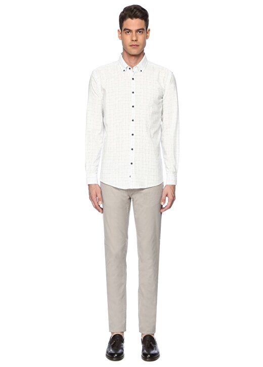 George Hogg Uzun Kol Gömlek Yaka Düğmeli Kare Desenli Slim Fit Beyaz Erkek Gömlek 2