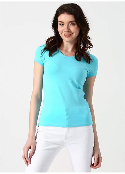 Fashion Friends 9Y0532B1 Açık Mavi V Yaka Kadın T-Shirt 3