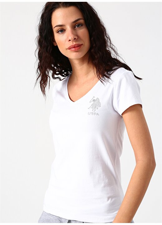 U.S. Polo Assn. V Yaka Taş İşlemeli Beyaz T-Shirt 3