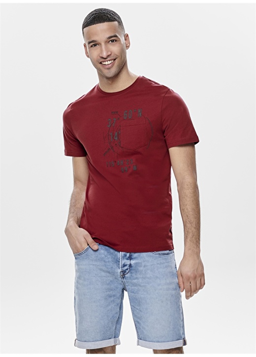 Only & Sons Kısa Kol Bordo Erkek T-Shirt 1