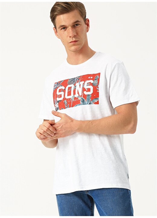 Only & Sons Baskılı O Yaka Beyaz T-Shirt 1