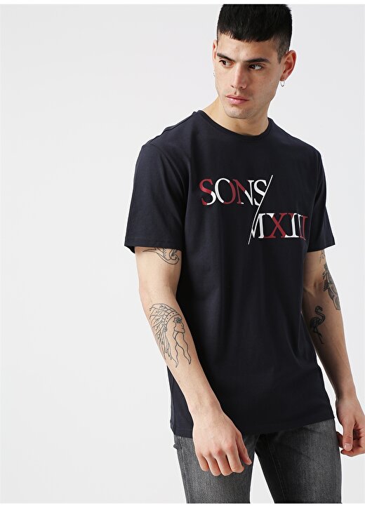 Only & Sons Baskılı Yazılı Koyu Lacivert T-Shirt 1