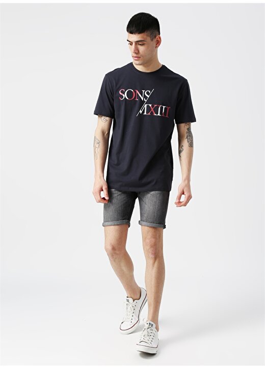 Only & Sons Baskılı Yazılı Koyu Lacivert T-Shirt 2