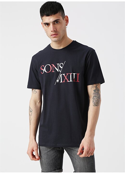 Only & Sons Baskılı Yazılı Koyu Lacivert T-Shirt 3