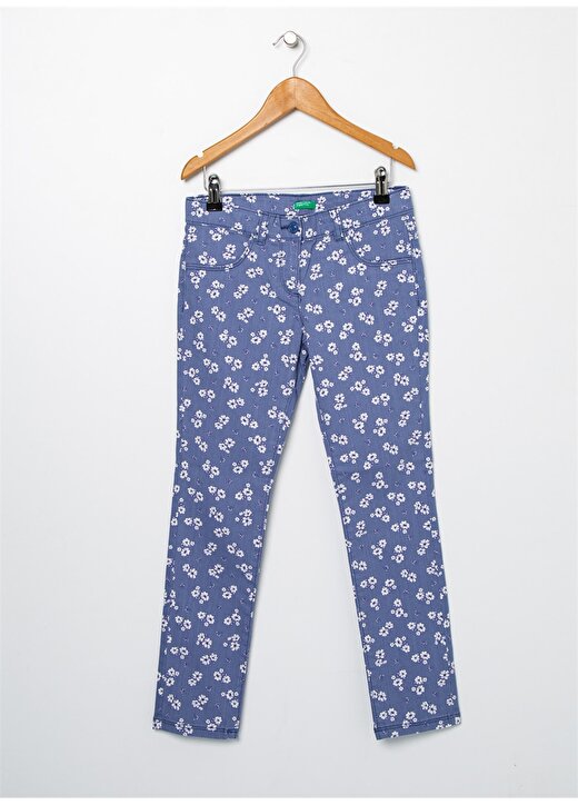 Benetton Beyaz Çiçek Desenli Mavi Kız Çocuk Denim Pantolon 1