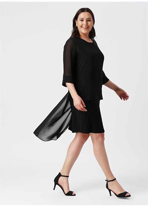 Selen O Yaka Yarım Kol Tül Pelerin Detaylı Taş İşlemeli Siyah Kadın Elbise 1