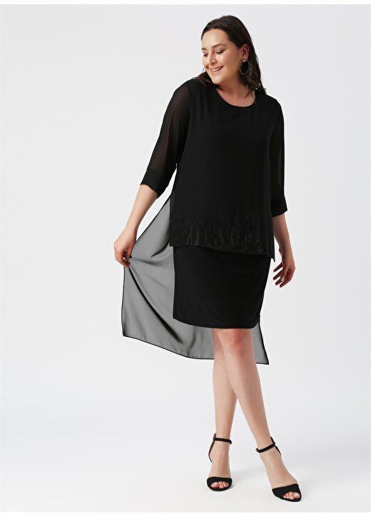 Selen O Yaka Yarım Kol Tül Pelerin Detaylı Taş İşlemeli Siyah Kadın Elbise 2