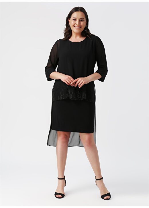 Selen O Yaka Yarım Kol Tül Pelerin Detaylı Taş İşlemeli Siyah Kadın Elbise 3