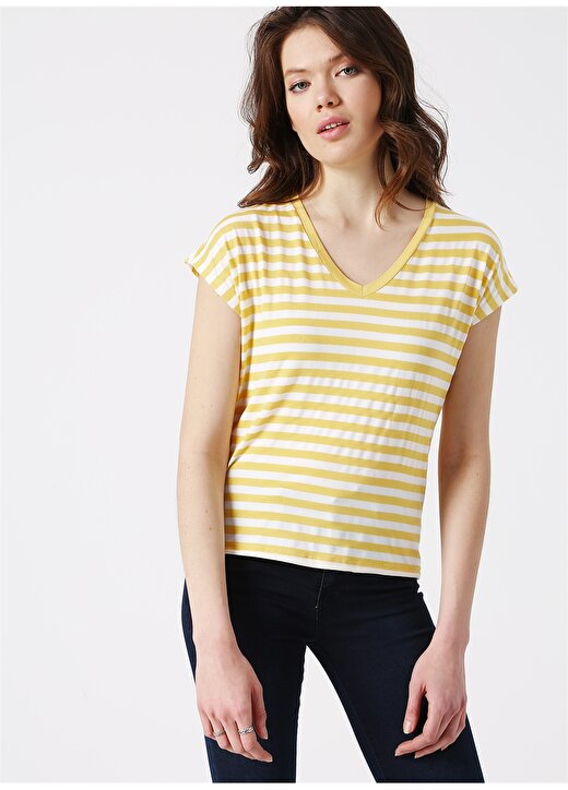 Koton V Yaka Sarı Çizgili Kadın T-Shirt 3