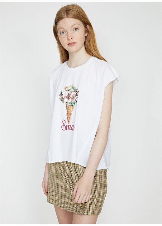 Koton Çiçek Baskılı Ekru Kadın T-Shirt 1